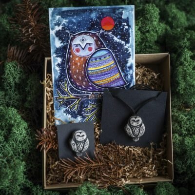 Mažosios pelėdos dovanų rinkinys (segė+kabutis+atvirukas)