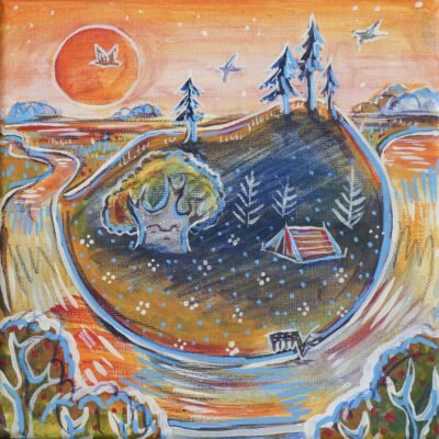 Rytas prie piliakalnio 20x20cm / paveikslas ant drobės